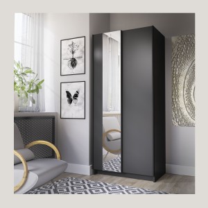 Armoire LYSIA 80 cm noir mat – 2 portes coulissantes avec miroir