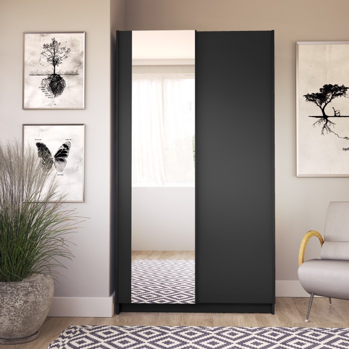 Armoire LYSIA 100 cm noir mat – 2 portes coulissantes avec miroir