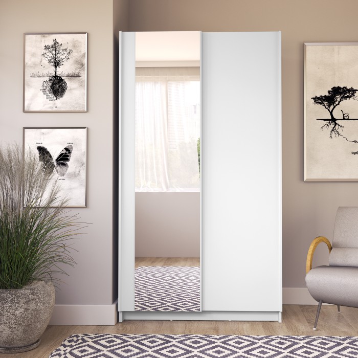 Armoire LYSIA 2 portes coulissantes avec miroir – 100 x 182 x 55 cm – Coloris blanc