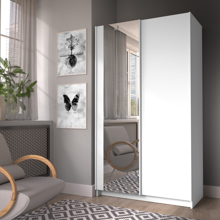 Armoire LYSIA 2 portes coulissantes avec miroir – 100 x 182 x 55 cm – Coloris blanc