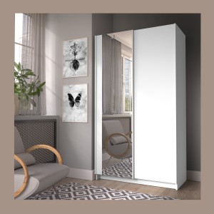 Armoire LYSIA 2 portes coulissantes avec miroir – 100 x 182 x 55 cm – Coloris blanc