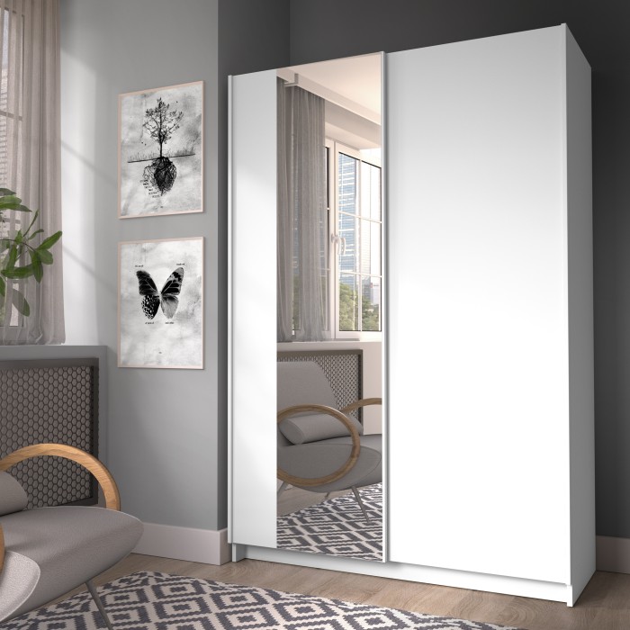 Armoire LYSIA 2 portes coulissantes avec miroir – 120 x 182 x 55 cm – Coloris blanc