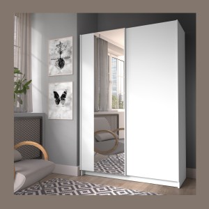 Armoire LYSIA 2 portes coulissantes avec miroir – 120 x 182 x 55 cm – Coloris blanc