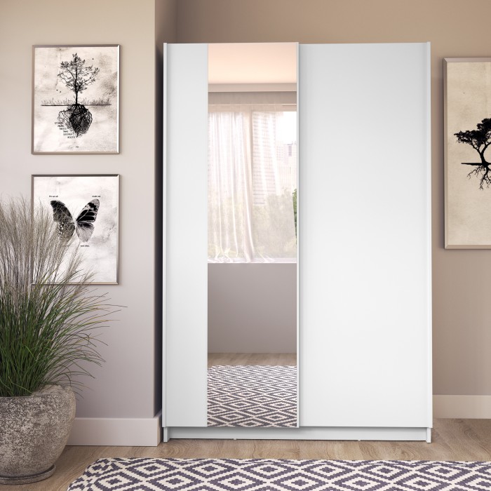 Armoire LYSIA 2 portes coulissantes avec miroir – 120 x 182 x 55 cm – Coloris blanc