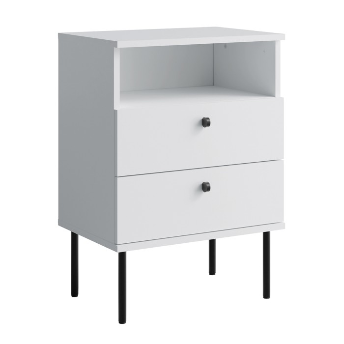Table de Chevet 2 Tiroirs avec Niche – Coloris blanc – Pieds droits noirs – Collection Aurora