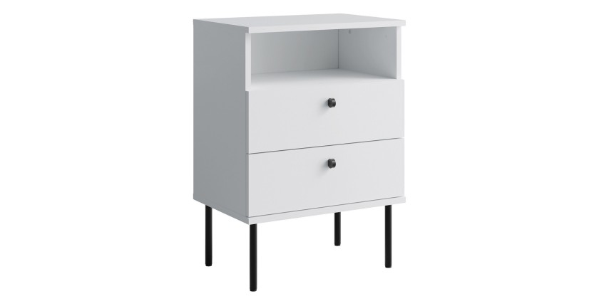 Table de Chevet 2 Tiroirs avec Niche – Coloris blanc – Pieds droits noirs – Collection Aurora