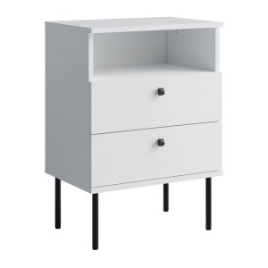Table de Chevet 2 Tiroirs avec Niche – Coloris blanc – Pieds droits noirs – Collection Aurora
