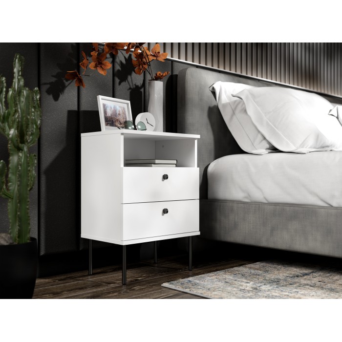 Table de Chevet 2 Tiroirs avec Niche – Coloris blanc – Pieds droits noirs – Collection Aurora