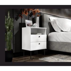 Table de Chevet 2 Tiroirs avec Niche – Coloris blanc – Pieds droits noirs – Collection Aurora