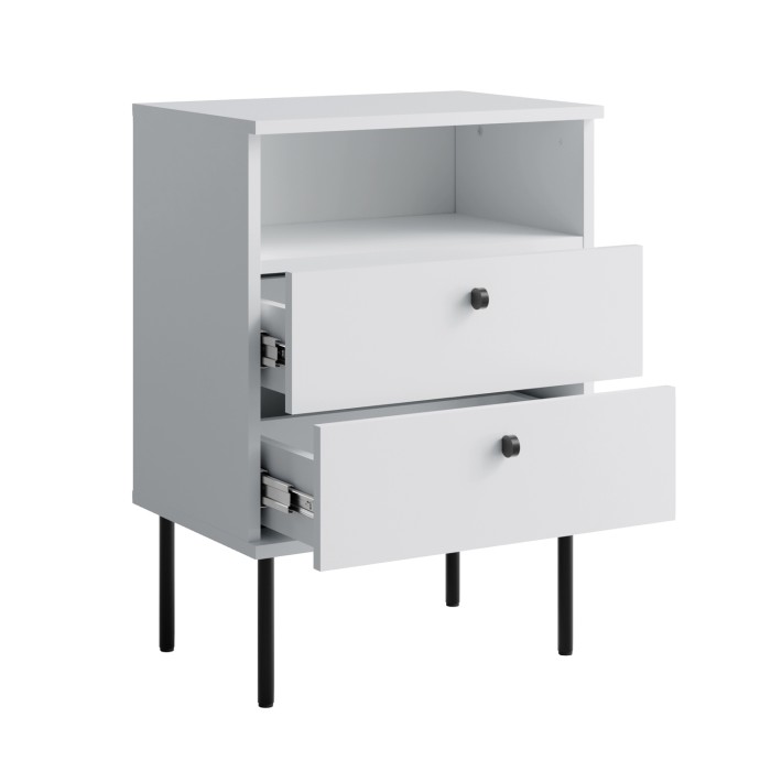 Table de Chevet 2 Tiroirs avec Niche – Coloris blanc – Pieds droits noirs – Collection Aurora