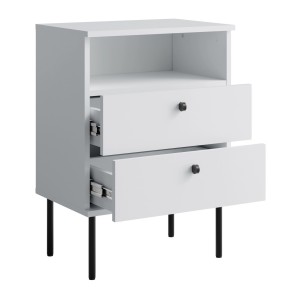 Table de Chevet 2 Tiroirs avec Niche – Coloris blanc – Pieds droits noirs – Collection Aurora
