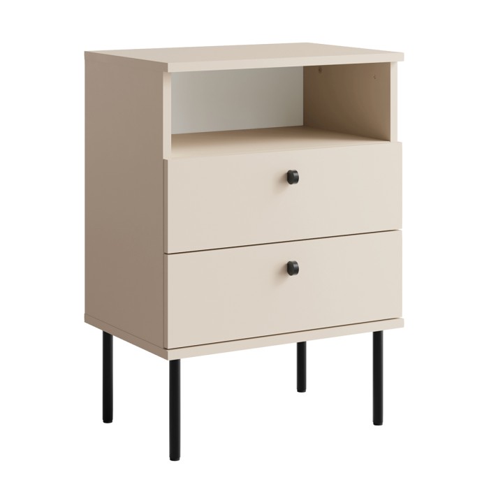 Table de Chevet 2 Tiroirs avec Niche – Coloris beige – Pieds droits et poignées noires – Collection Aurora