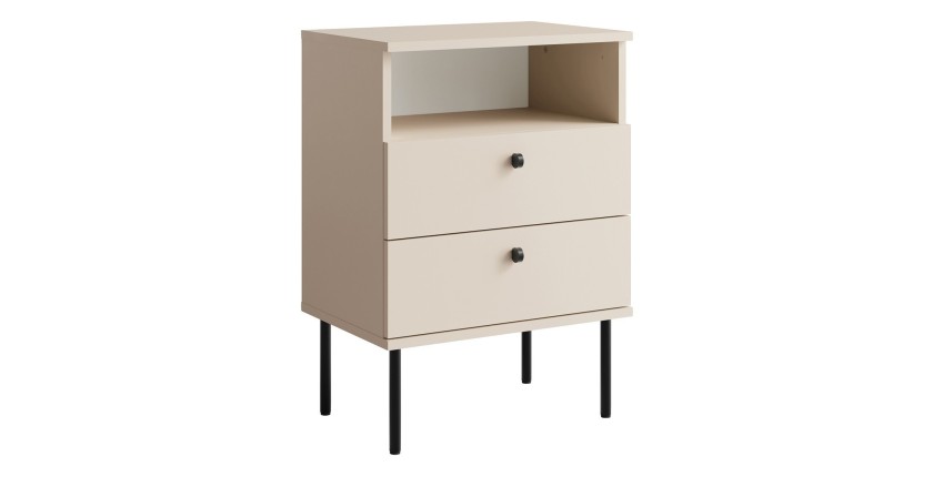 Table de Chevet 2 Tiroirs avec Niche – Coloris beige – Pieds droits et poignées noires – Collection Aurora