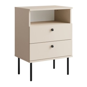 Table de Chevet 2 Tiroirs avec Niche – Coloris beige – Pieds droits et poignées noires – Collection Aurora