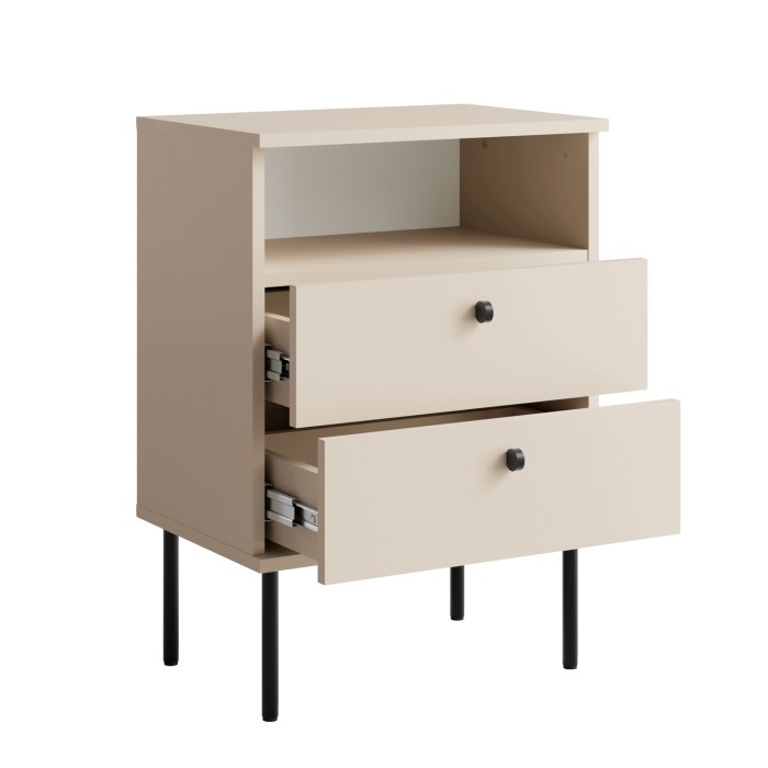 Table de Chevet 2 Tiroirs avec Niche – Coloris beige – Pieds droits et poignées noires – Collection Aurora