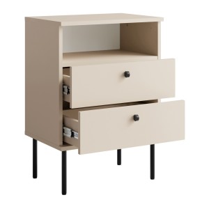 Table de Chevet 2 Tiroirs avec Niche – Coloris beige – Pieds droits et poignées noires – Collection Aurora