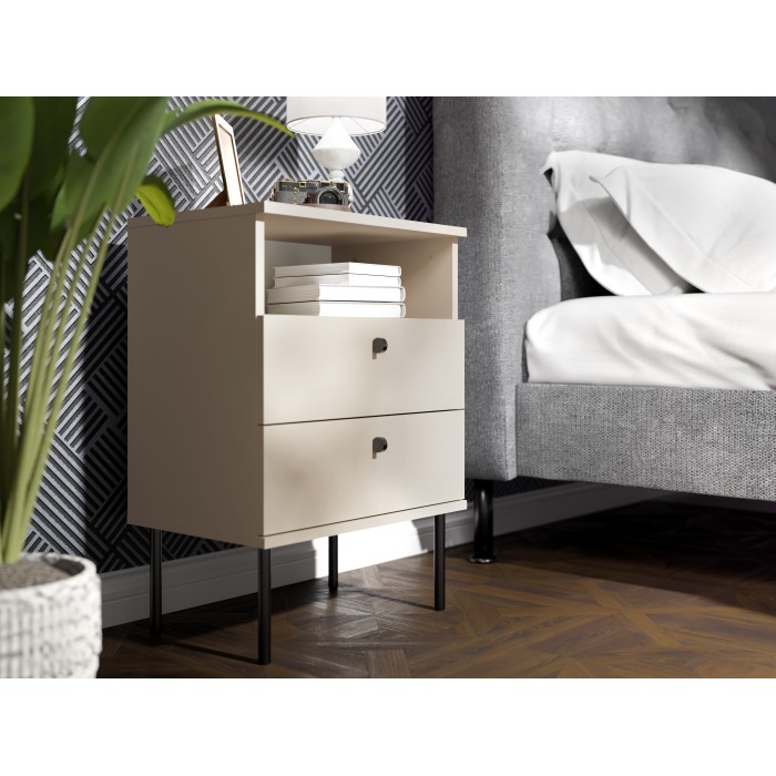 Table de Chevet 2 Tiroirs avec Niche – Coloris beige – Pieds droits et poignées noires – Collection Aurora