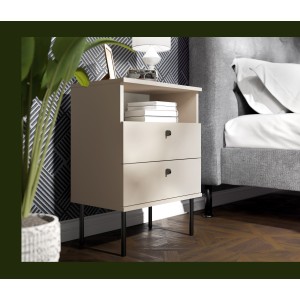 Table de Chevet 2 Tiroirs avec Niche – Coloris beige – Pieds droits et poignées noires – Collection Aurora