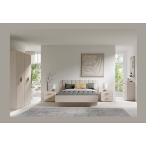 Lit AMALIE 160x200 cm – Tête tissu beige – Sommier inclus