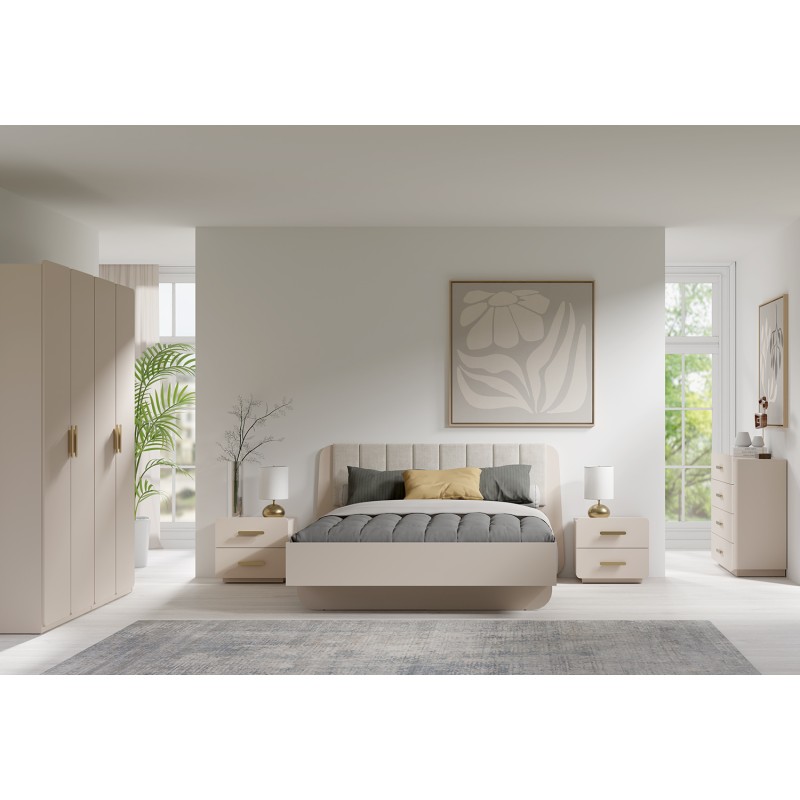 chambre complète AMALIE, lit 180x200 sommier inclus, armoire avec étagères, chambre beige design, ensemble chambre adulte, mobil