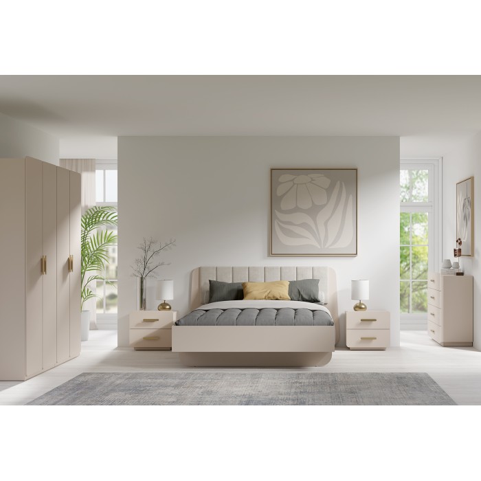 Chambre complète AMALIE beige – Lit coffre 180x200 cm, armoire, commode, 2 chevets et étagères