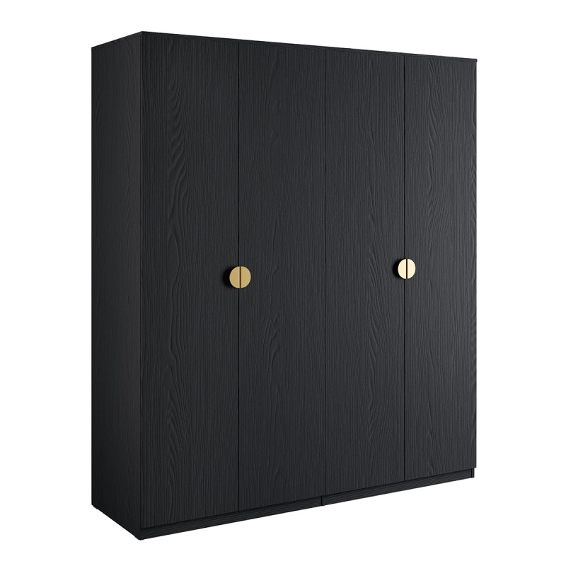 Armoire 4 portes noir structuré et doré – 2 penderies + 4 étagères – Collection MONDO