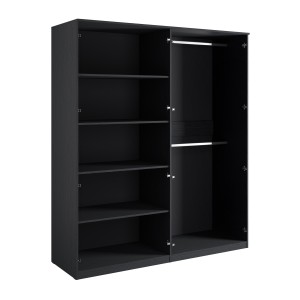 Armoire 4 portes noir structuré et doré – 2 penderies + 4 étagères – Collection MONDO