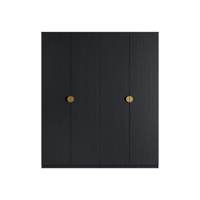Armoire 4 portes noir structuré et doré – 2 penderies + 4 étagères – Collection MONDO