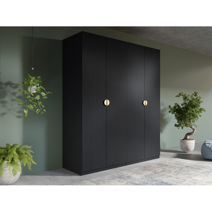 Armoire 4 portes noir structuré et doré – 2 penderies + 4 étagères – Collection MONDO