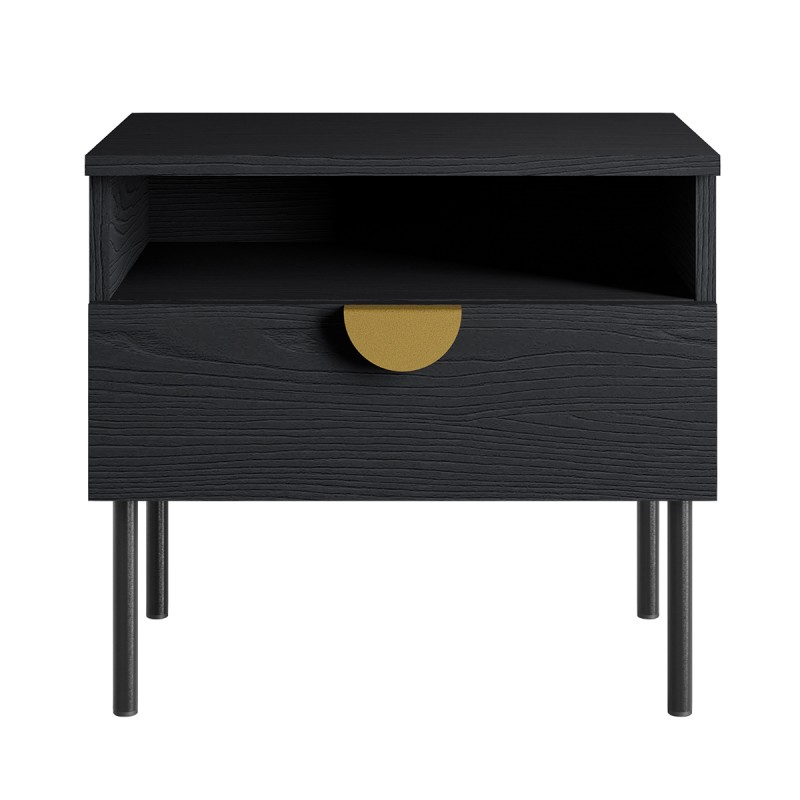 Lot de 2 tables de chevet MONDO – Noir structuré et doré – 1 tiroir + niche – Style moderne chic
