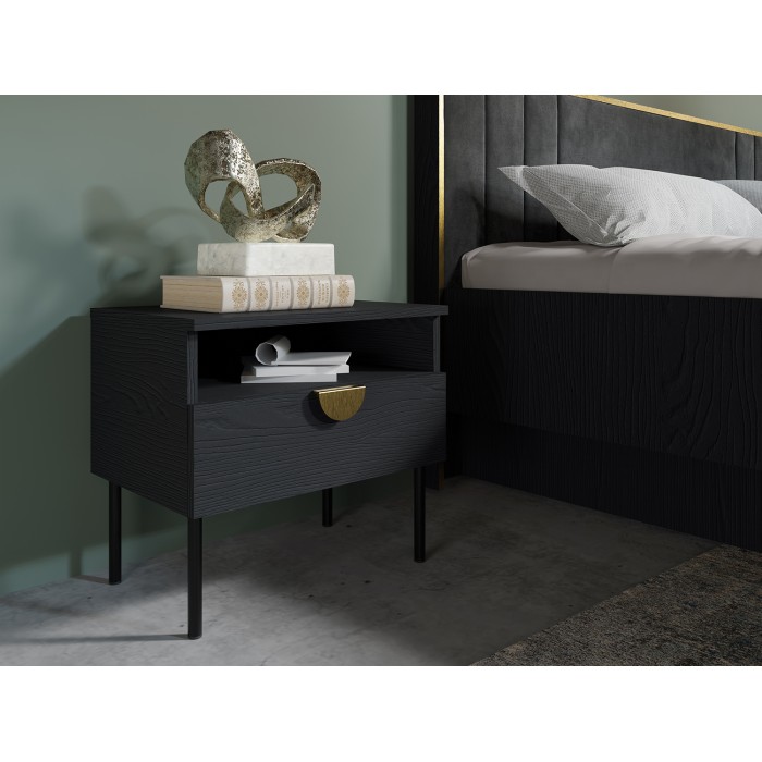 Lot de 2 tables de chevet MONDO – Noir structuré et doré – 1 tiroir + niche – Style moderne chic
