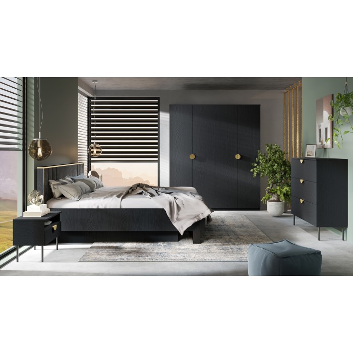Lot de 2 tables de chevet MONDO – Noir structuré et doré – 1 tiroir + niche – Style moderne chic