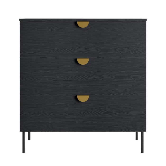 Commode MONDO – Noir structuré et doré – 3 tiroirs – Pieds métal – Design moderne et fonctionnel