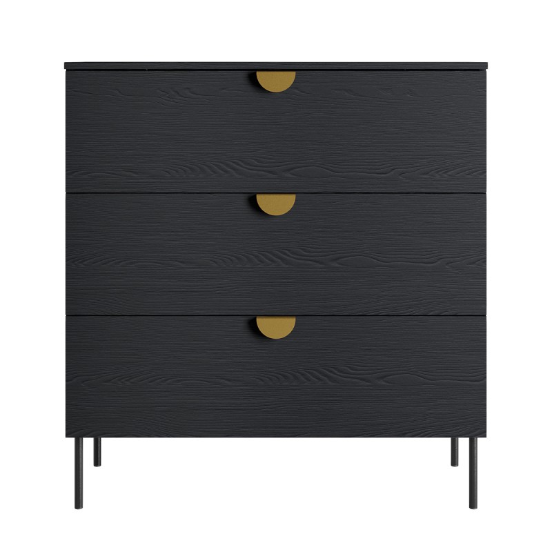 Commode MONDO – Noir structuré et doré – 3 tiroirs – Pieds métal – Design moderne et fonctionnel