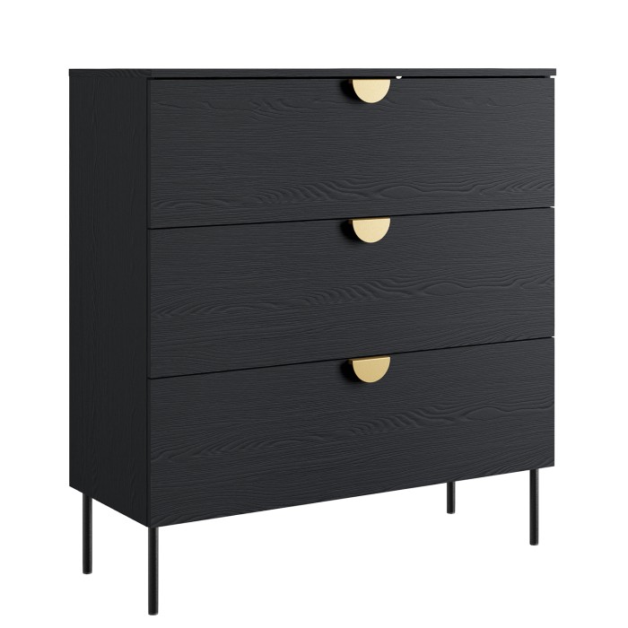 Commode MONDO – Noir structuré et doré – 3 tiroirs – Pieds métal – Design moderne et fonctionnel