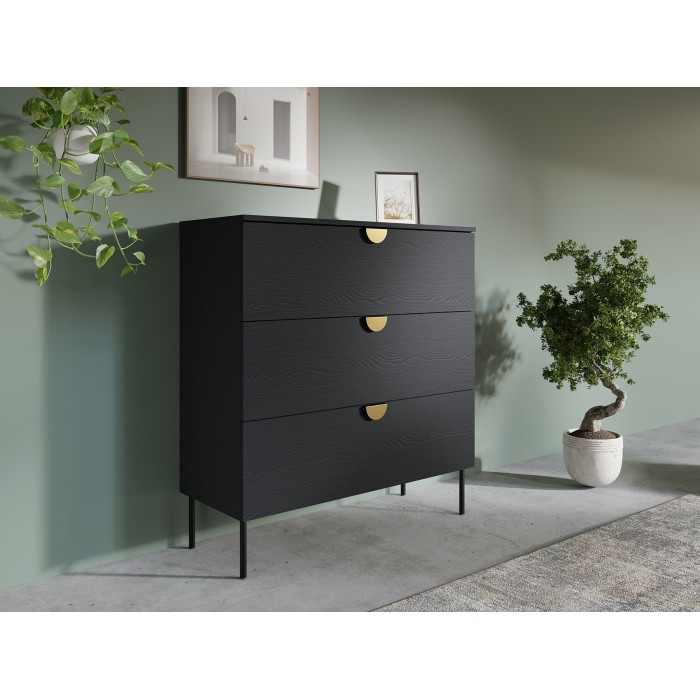 Commode MONDO – Noir structuré et doré – 3 tiroirs – Pieds métal – Design moderne et fonctionnel