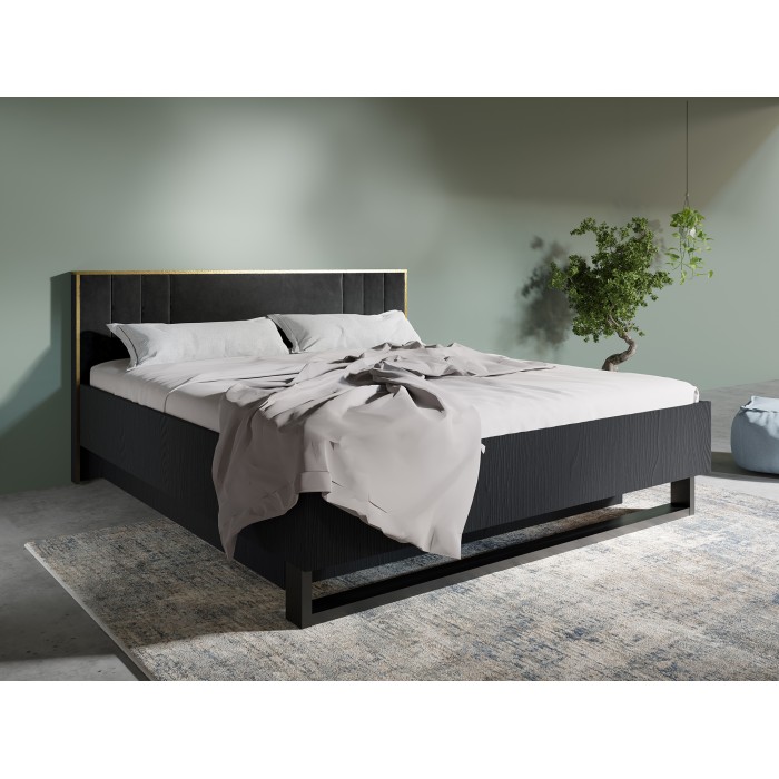 Lit MONDO – 160x200 cm – Noir structuré et doré – Pieds métal design – Sans sommier