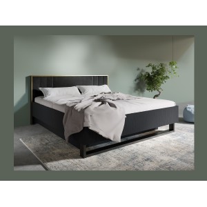 Lit MONDO – 180x200 cm – Noir structuré et doré – Pieds métal design – Sans sommier