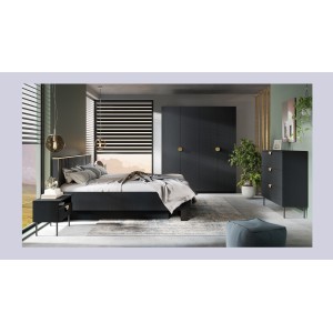 Lit MONDO – 180x200 cm – Noir structuré et doré – Pieds métal design – Sans sommier