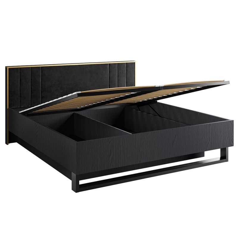 Lit coffre MONDO – 160x200 cm – Noir structuré et doré – Pieds métal – Sommier inclus