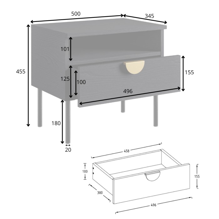 Chambre complète MONDO – Noir structuré et doré – Lit 160x200 avec sommier + Armoire + Commode + 2 chevets