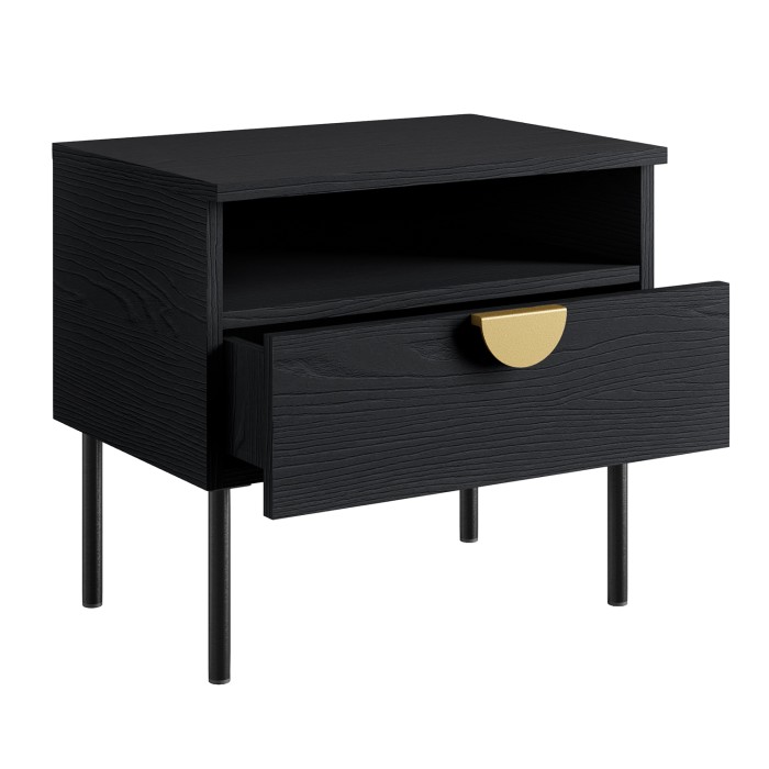 Chambre complète MONDO – Noir structuré et doré – Lit 160x200 avec sommier + Armoire + Commode + 2 chevets