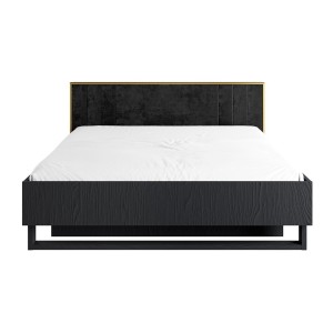 Chambre complète MONDO – Noir structuré et doré – Lit 180x200 avec sommier + Armoire + Commode + 2 chevets