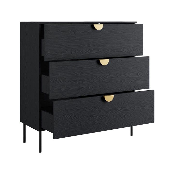 Chambre complète MONDO – Noir structuré et doré – Lit 180x200 avec sommier + Armoire + Commode + 2 chevets