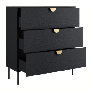 Chambre complète MONDO – Noir structuré et doré – Lit 180x200 avec sommier + Armoire + Commode + 2 chevets