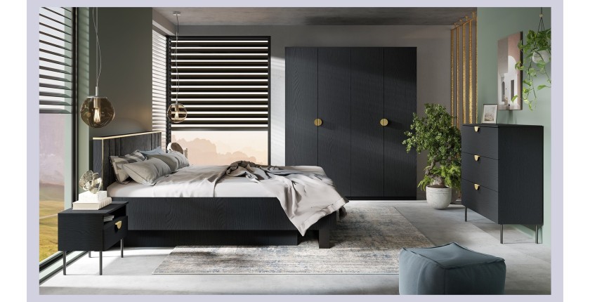 Chambre complète MONDO – Noir structuré et doré – Lit 180x200 avec sommier + Armoire + Commode + 2 chevets