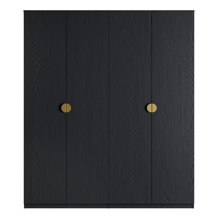 Chambre complète MONDO – Noir structuré et doré – Lit coffre 160x200 avec sommier + Armoire + Commode + 2 chevets