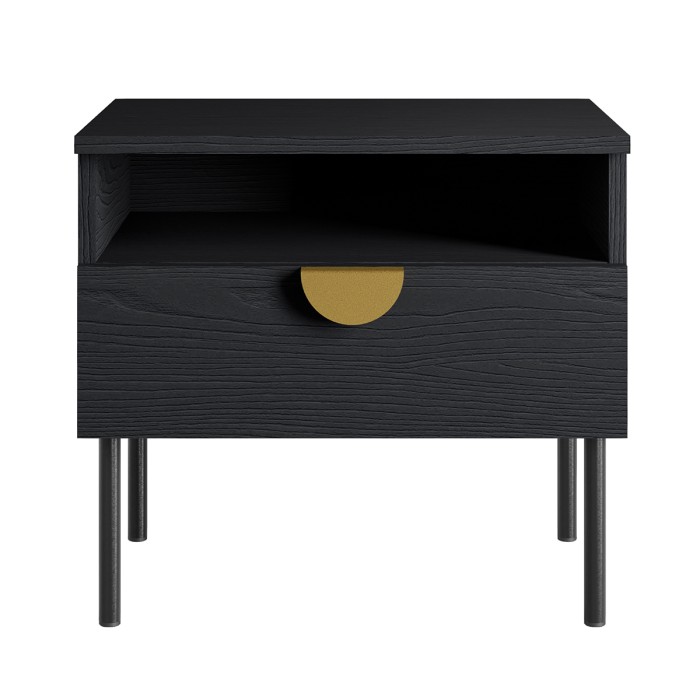 Chambre complète MONDO – Noir structuré et doré – Lit coffre 160x200 avec sommier + Armoire + Commode + 2 chevets