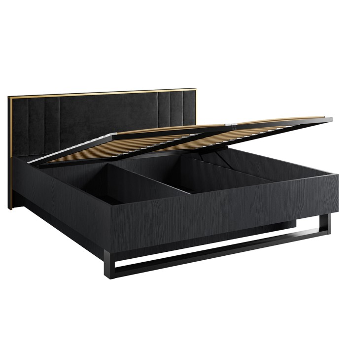 Chambre complète MONDO – Noir structuré et doré – Lit coffre 160x200 avec sommier + Armoire + Commode + 2 chevets