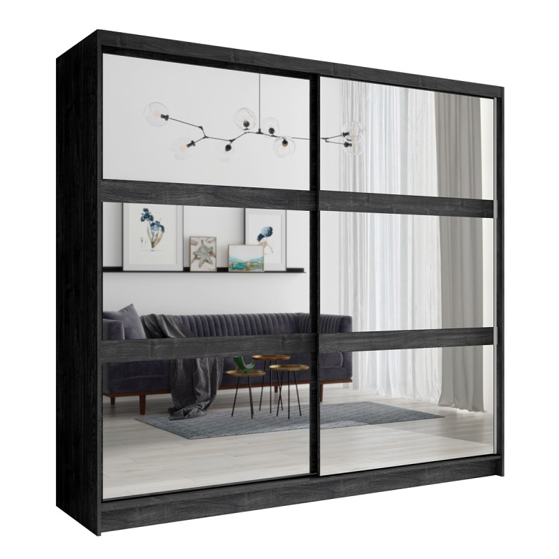 Armoire VELTIS 2 portes coulissantes avec miroir – L230 x H215 cm – Coloris frêne noir